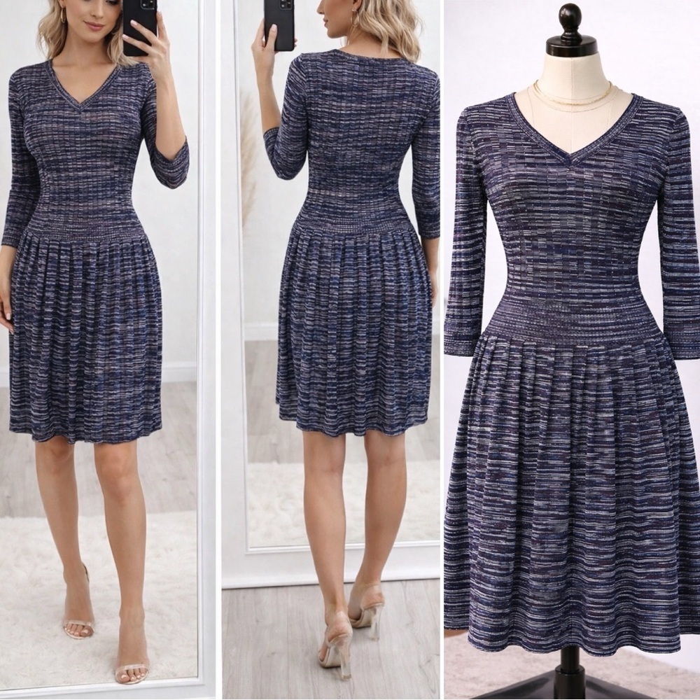 050 Just Taylor | NWOT Blue Purple Space Dye Knit Fit & Flare Pleated Dress (S)